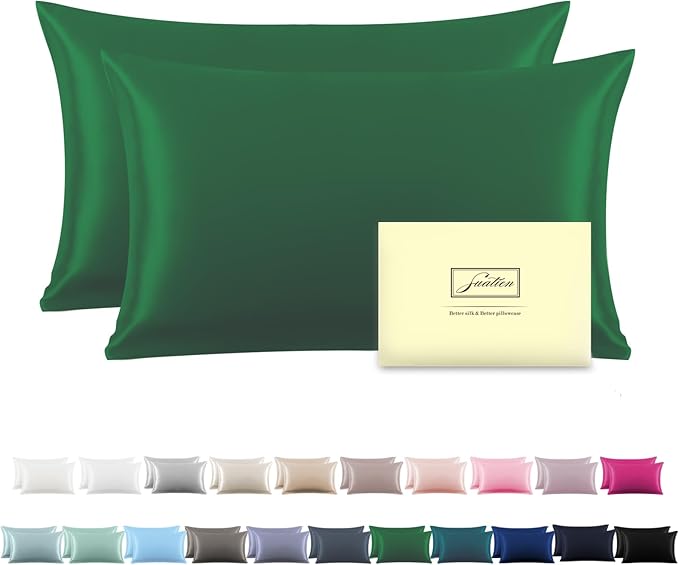 Silk Pillow Cases 2 Pack,Soft Breathable and Sliky Queen Size Pillow Cases Set of 2,Natural Mulberry Silk Pillowcase Set of 2 for Hair and Skin with Hidden Zipper (Olive Green,20"X 30",2pcs)