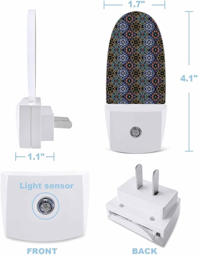 Night Light Plug into Wall, Floral Flowers Line Art Vintage Baroque National Purple Peach Green Brown Blue Popsicle Shape Night Light LED Nightlight with Light Sensors for Kids Bedroom Hallway