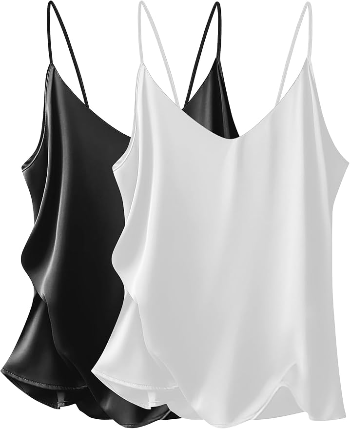Ekouaer Women's 2 Pcs Satin Camisole Silky Pajama Tank Tops V Neck Soft Spaghetti Strap Loose Basic Sleepwear