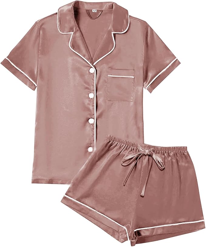 WJing Yi Jia 4Pcs Womens Satin Silky Pajama Sets Short Sleeve Shirt XS-4XL Floral Pajamas Set Soft PJ Loungewear Sleepwear