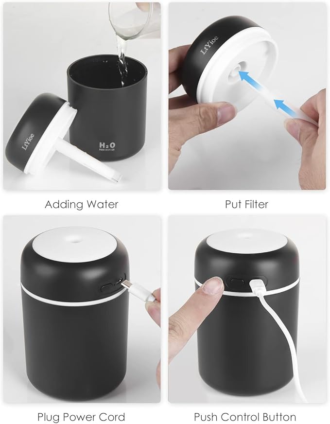 LtYioe Humidifier Portable Mini Humidifiers for Bedroom, Personal Desktop Cool Mist Air Humidifier with Colorful Night Light, 2 Mist Modes & Auto Shut-Off, Super Quiet for Car Office Home (Black)