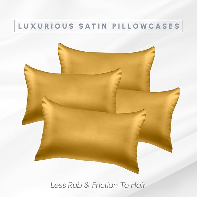 Elegant Comfort 4-Pack King Satin Pillowcase Set with Hidden Zipper Closure, Gold, 20" x 40"