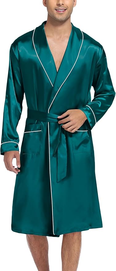 SWOMOG Men's Satin Robe Silky Kimono Bathrobe with Shorts Set Lightweight Soft Loungewear Nightwear