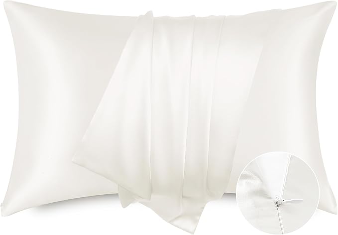 Bedsure Satin Pillowcase with Zipper, Similar to Silk Pillow Cases 2 Pack, Satin King Size Pillow Cases Set of 2, Silky & Soft Pillow Cover for Hair and Skin, Gifts for Women Men, Ivory, 20x36 Inches