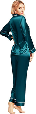 SIHA Satin Silk Pajamas for Women Pajama Set With Long Sleeve Button-Down Satin Pajamas Sleepwear XS-3XL