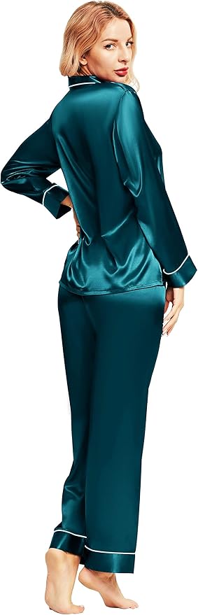 SIHA Satin Silk Pajamas for Women Pajama Set With Long Sleeve Button-Down Satin Pajamas Sleepwear XS-3XL