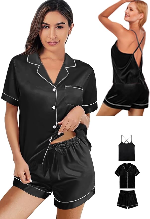 WJing Yi Jia 3Pcs Silk Pajamas Set for Women XS-4XL Satin Pajama Lingerie Pjs Cami Tops Silky Pj Sets Sleepwear Nightwear