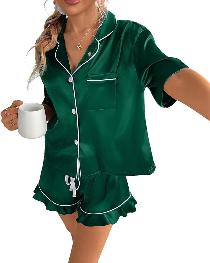 CHYRII Women's Silk Satin Pajamas Two Piece Pj Sets Short Sleeve Tops Ruffled Shorts Sleepwear with Magnetic Diffuser