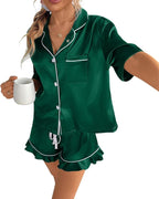 CHYRII Women's Silk Satin Pajamas Two Piece Pj Sets Short Sleeve Tops Ruffled Shorts Sleepwear with Magnetic Diffuser