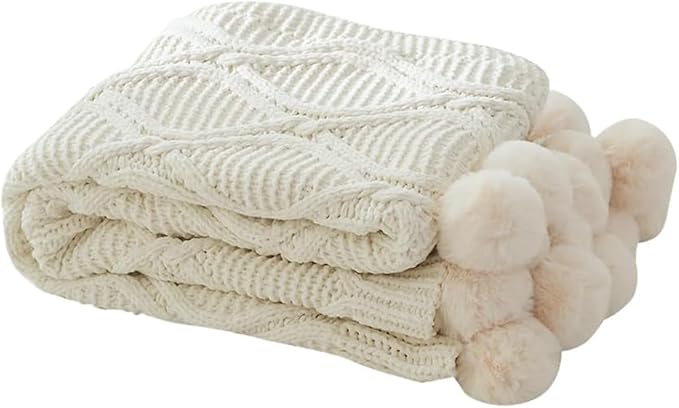 ATMOSURELY Ultra Soft Chenille Cable Knit Throw Blanket with Handmade Pom Poms Cozy Fluffy Knitted Blanket Lightweight Warm Woven Farmhouse Blanket for Bed Sofa Couch 50x60 Inches (Geometry Beige)