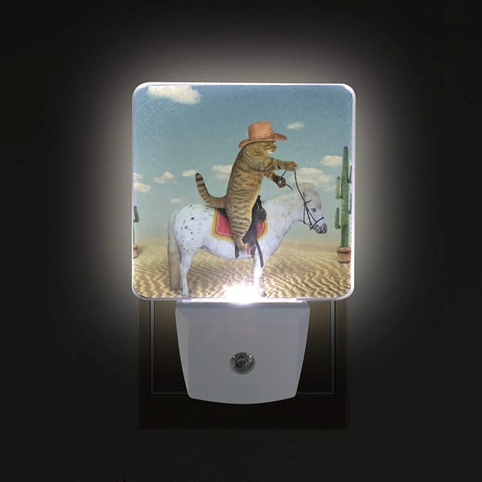Plug in Night Light Cat Cowboy On Horse Lamp Ultra-Slim, Cool-Touch Dusk to Dawn Sensor LED Nightlight Smart Light Automatically Lights for Kids Adults and Nursery Decor Night Light
