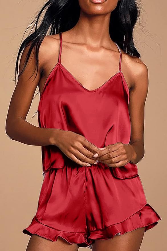 CHYRII Women's Sexy Silk Satin Ruffled Pajamas Sets Cami Shorts Sets Sleepwear