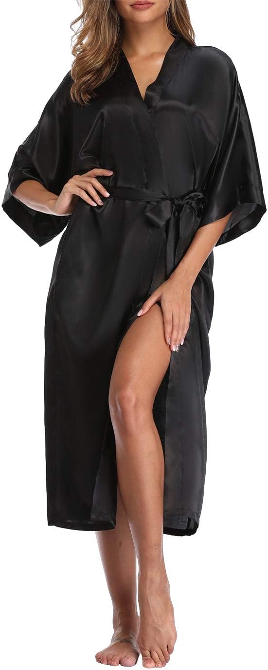 Women's Silk Robes Soft Long Satin Kimono Bathrobe Bride Bridesmaid Wedding Party Robes Sexy Sleepwear with Pockets