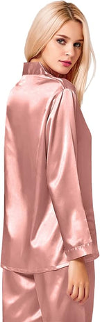 SWOMOG Long Sleeve Pajamas Set Silk Satin Sleepwear Button Down Pjs Loungewear with Pocket