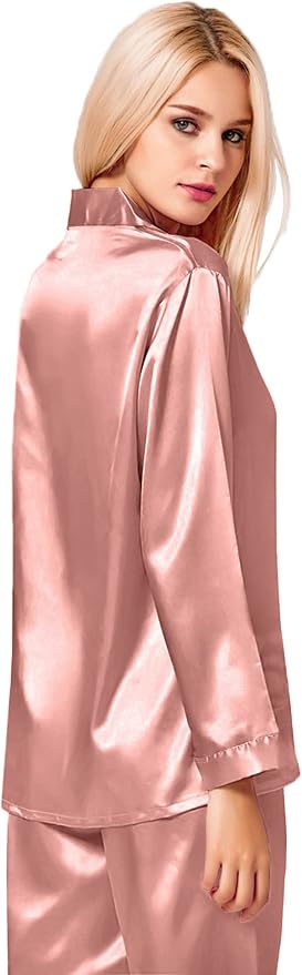 SWOMOG Long Sleeve Pajamas Set Silk Satin Sleepwear Button Down Pjs Loungewear with Pocket