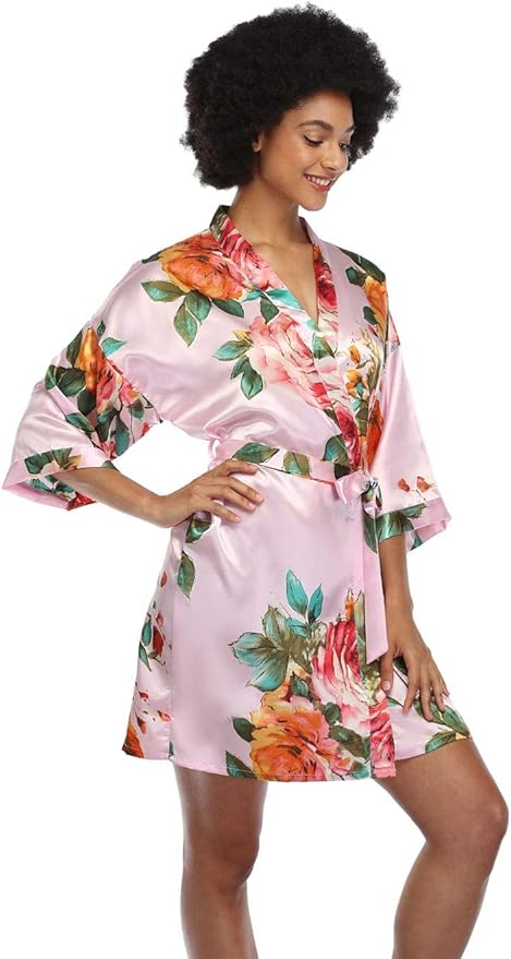 MissNina Women's Floral Satin Kimono Robes Short Silky Bridesmaid Robes Sleepwear
