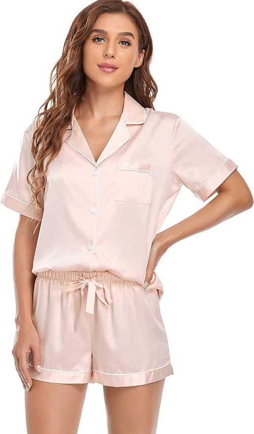 Serenedelicacy Women's Satin Pajama Set 2-Piece Sleepwear Loungewear Button Down Short Sleeve Silky PJ Set