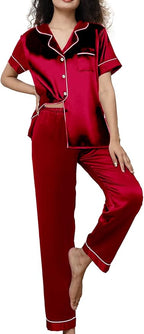WJing Yi Jia Womens Pajamas Set XS-4XL Floral Silk Satin Pajama Sets Silky Pj Sets 2Pcs Loungewear Sleepwear Button Down Pjs