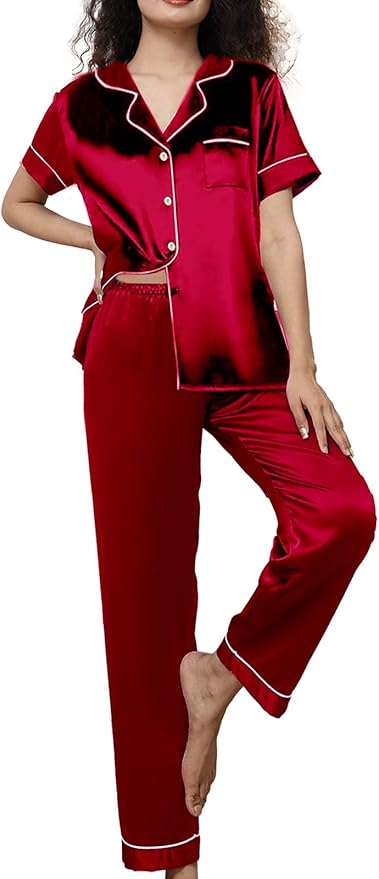 WJing Yi Jia Womens Pajamas Set XS-4XL Floral Silk Satin Pajama Sets Silky Pj Sets 2Pcs Loungewear Sleepwear Button Down Pjs