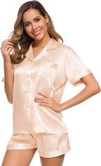 SWOMOG Womens Silk Satin Pajamas Set Short Sleeve Sleepwear Button Down Top and Shorts Loungewear 2 Piece Pjs Set XS-3XL