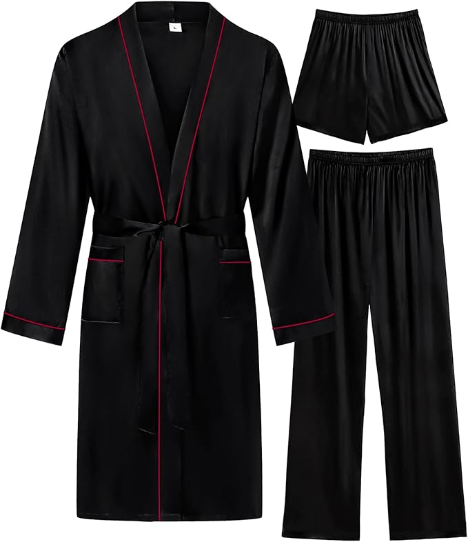 SWOMOG Mens 3 PCS Satin Robe with Pants & Shorts Set Kimono Bathrobe Long Sleeve Sleepwear Pjs Sets with Pockets