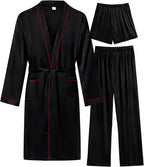 SWOMOG Mens 3 PCS Satin Robe with Pants & Shorts Set Kimono Bathrobe Long Sleeve Sleepwear Pjs Sets with Pockets