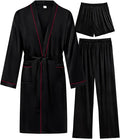 SWOMOG Mens 3 PCS Satin Robe with Pants & Shorts Set Kimono Bathrobe Long Sleeve Sleepwear Pjs Sets with Pockets