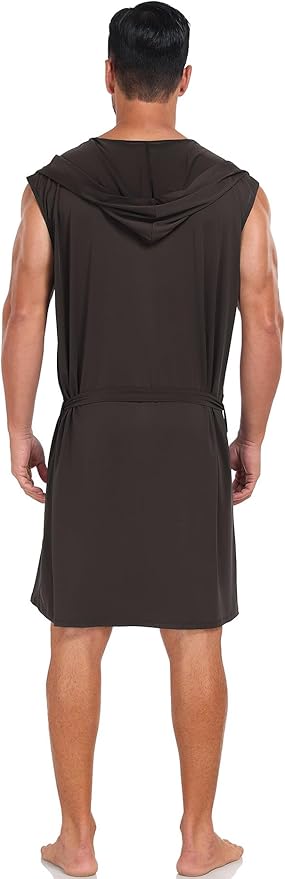 VintageClothing Men's Summer Robe with Hooded Lightweight Bathrobe House Kimono Sleeveless Sexy Sleepwear Pajamas