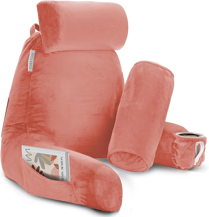 Clara Clark Reading Pillow with Shredded Memory Foam Includes 2 Neck and Lumber Support Pillows, Designed for Sitting Up in Bed and Couch Back and Arms Adjustable Support for Adults & Teens Misty Rose
