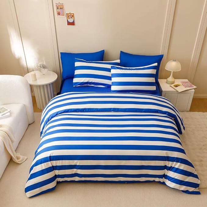 CLOTHKNOW Stripes Comforter Set Full Size Blue White Bedding Comforter Sets Farmhouse Bedding Soft Comforter with 2 x Pillow Cases