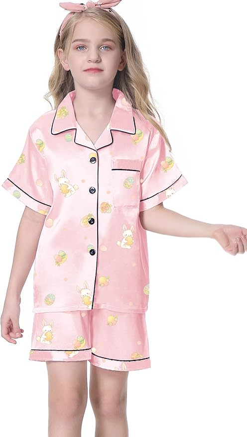Umeyda Women & Girls Pajamas Set, Soft Satin Lightweight Silk Button-Down Top with Shorts 2 Piece PJS for Mom Boys Kids Gifts
