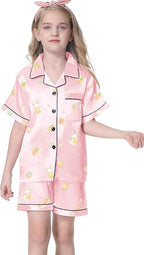 Umeyda Women & Girls Pajamas Set, Soft Satin Lightweight Silk Button-Down Top with Shorts 2 Piece PJS for Mom Boys Kids Gifts