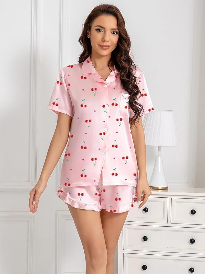 Umeyda Girls & Women Satin Pajamas Set Button Down 2 Piece Silk Pjs Shorts Set Ruffle Sleepwear, 5 Years-Women L