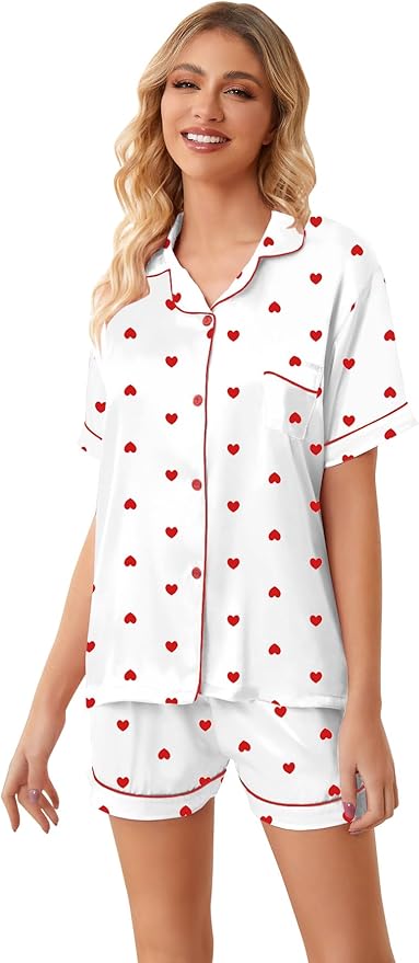 Umeyda Women & Girls Pajamas Set, Soft Satin Lightweight Silk Button-Down Top with Shorts 2 Piece PJS for Mom Boys Kids Gifts