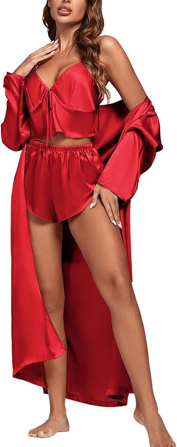 OPOIPIN Women's 3 Piece Pajama Set Sexy Cami Top and Shorts with Robe Sleepwear Loungewear Set