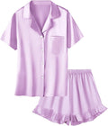 Umeyda Girls & Women Satin Pajamas Set Button Down 2 Piece Silk Pjs Shorts Set Ruffle Sleepwear, 5 Years-Women L