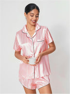 WDIRARA Women's Sleepwear Satin Short Sleeve Shirt and Shorts Pajama Set