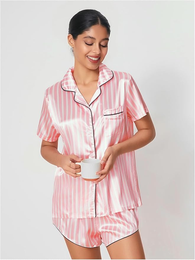 WDIRARA Women's Sleepwear Satin Short Sleeve Shirt and Shorts Pajama Set