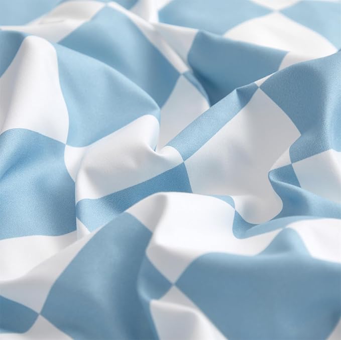 CLOTHKNOW Blue White Plaid Queen Comforter Set Grid Bedding Comforter Sets Soft Light Blue Comforter Checker Queen Size Comforter Sets