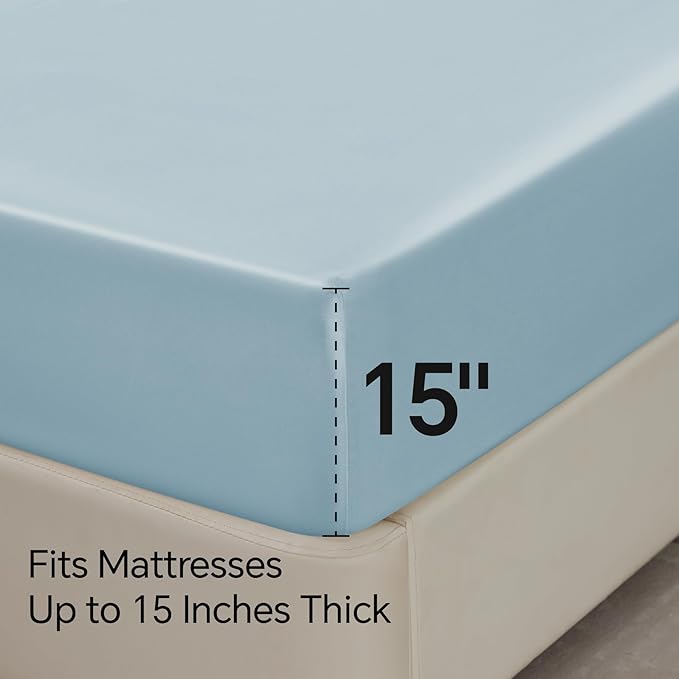 BEDELITE King Size Sheets Set, Luxury Soft Light Blue Satin Sheets for Hair and Skin, Similar to Silk Bed Sheets Set 4 Pieces with 1 Deep Pocket Fitted Sheet, 1 Flat Sheet, and 2 Pillowcases