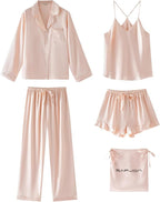 SAPJON Satin Silk Pajamas for Women Set 5PCS Classic Button Down Pajamas Top and Pants Cami and Ruffle Shorts Sleepwear