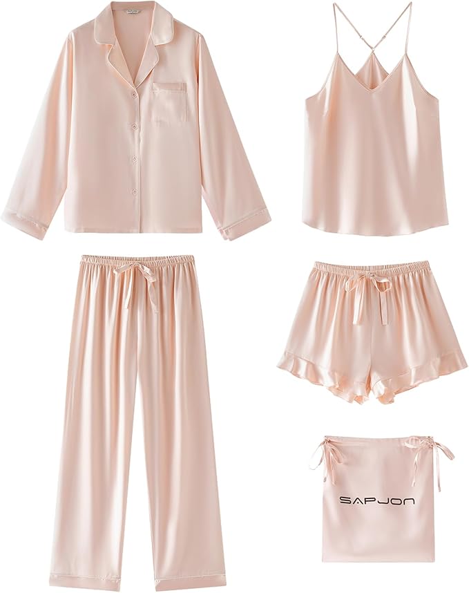 SAPJON Satin Silk Pajamas for Women Set 5PCS Classic Button Down Pajamas Top and Pants Cami and Ruffle Shorts Sleepwear