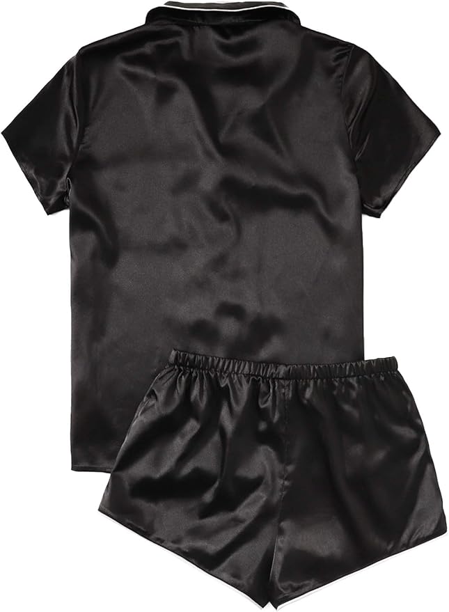 WDIRARA Women's Sleepwear Satin Short Sleeve Shirt and Shorts Pajama Set