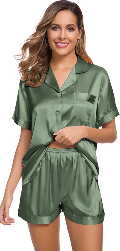 SWOMOG Womens Silk Satin Pajamas Set Short Sleeve Sleepwear Button Down Top and Shorts Loungewear 2 Piece Pjs Set XS-3XL