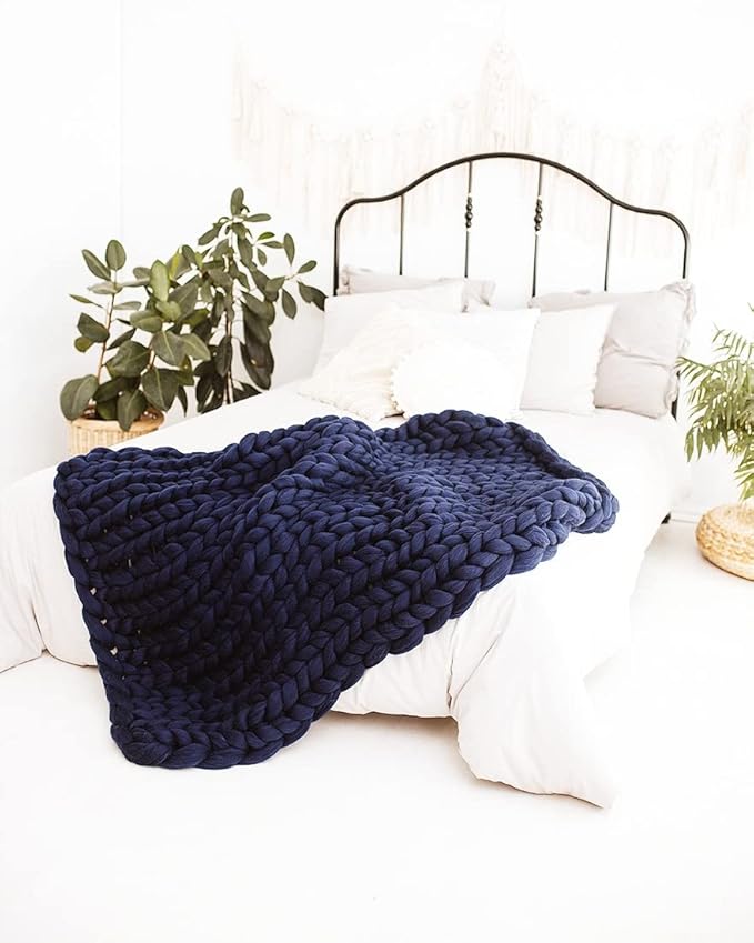 Throw Blanket Full Size 54"x75" for Bed - Chunky Knit Blanket, Boho Throw Blanket for Couch 100% Merino Wool (Navy Blue, 54"x75")