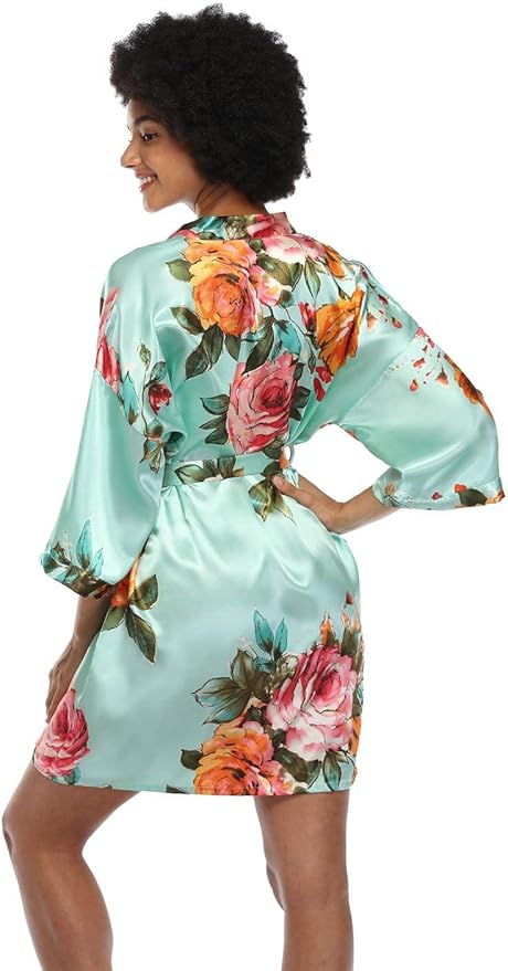 MissNina Women's Floral Satin Kimono Robes Short Silky Bridesmaid Robes Sleepwear