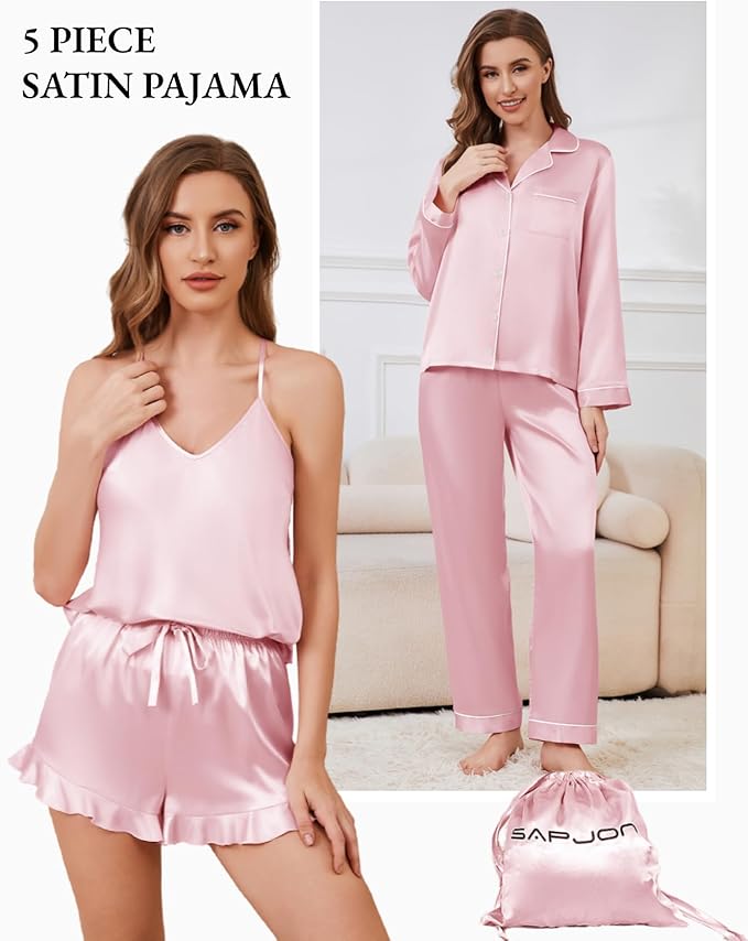 SAPJON Satin Silk Pajamas for Women Set 5PCS Classic Button Down Pajamas Top and Pants Cami and Ruffle Shorts Sleepwear