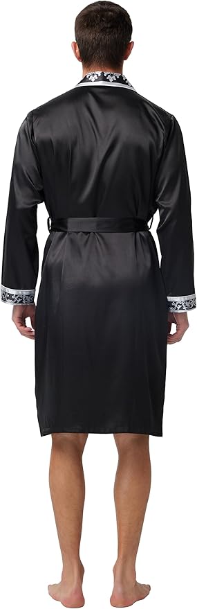 Tony & Candice Men's Satin Robe Lightweight Long Sleeve Silk Kimono Bathrobe with Shorts Set Sleepwear
