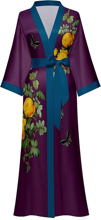 Kihnop Women's Floral Long Kimono Robe Long Satin Robe Long Silk Robe Ladies Kimonos Silky Bathrobe Cover Up, One Size