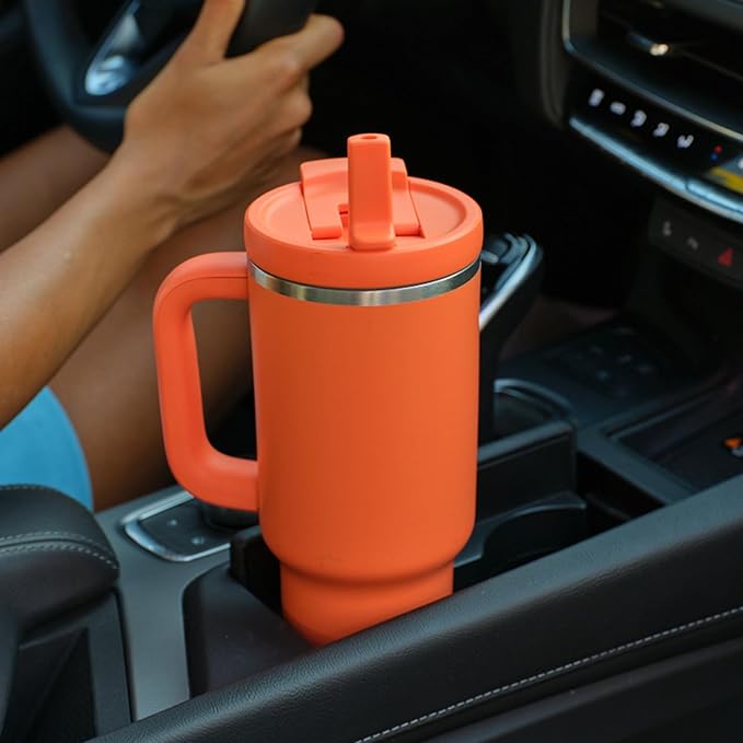 32 oz Tumbler with Handle and Straw: Stainless Steel Insulated Tumbler Keeps Cold for 24 Hours, Leakproof Travel Cup Fits in Cup Holder and BPA-Free,Moderate Orange